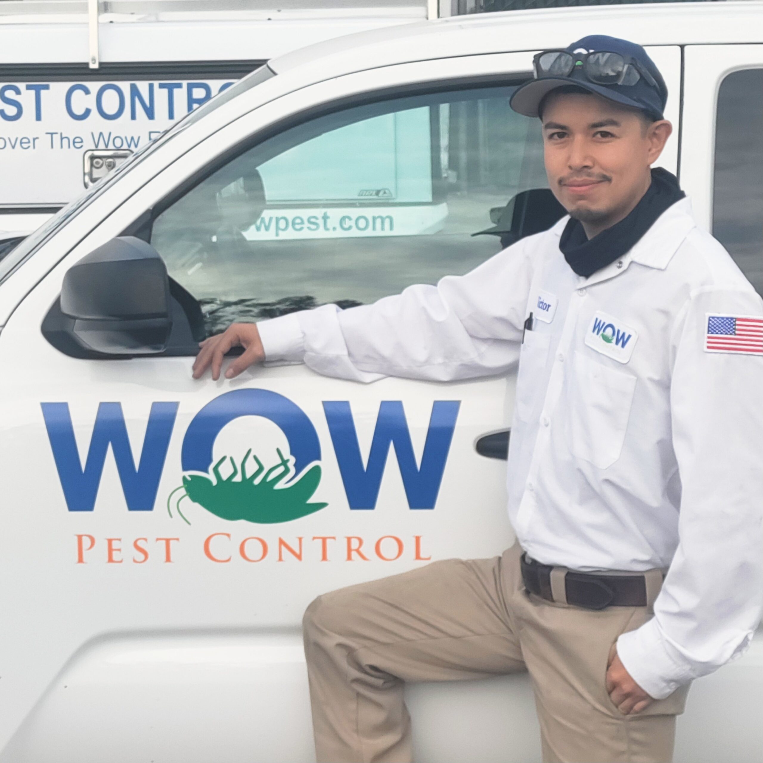 Picture of Wow Pest Control Pest Control Service Expert, Victor Aldama, next to a company truck.